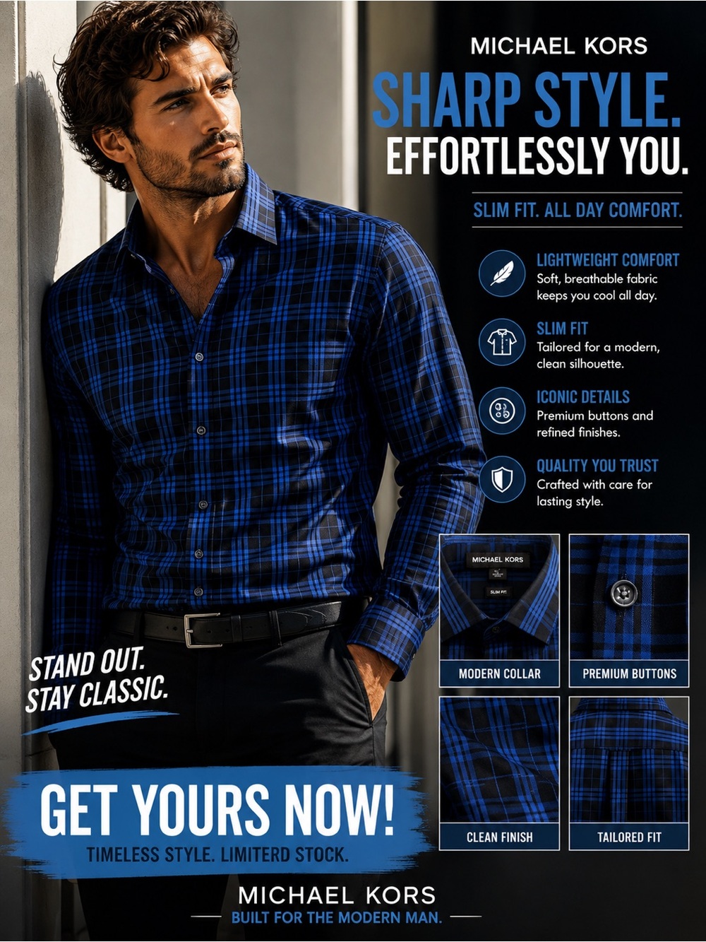 Michael Kors Men’s Slim Fit Navy Blue Plaid Button-Down Shirt